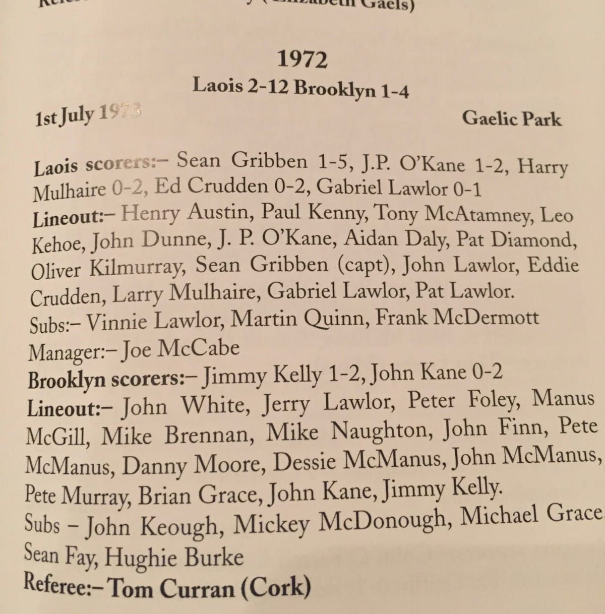 Brooklyn Shamrocks Junior Final, 1972